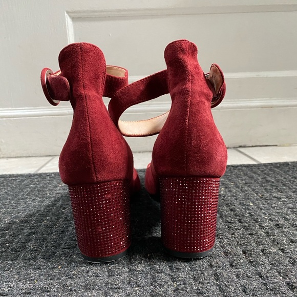 Karl Lagerfeld red suede leather crystal heel pumps ankle strap 11M - Picture 4 of 6